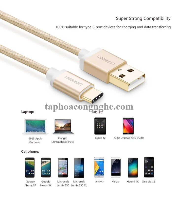 Ugreen 20863 3M màu Vàng Dây USB 2.0 sang Type-C đầu nhôm dây bọc vinyl US174 30020863